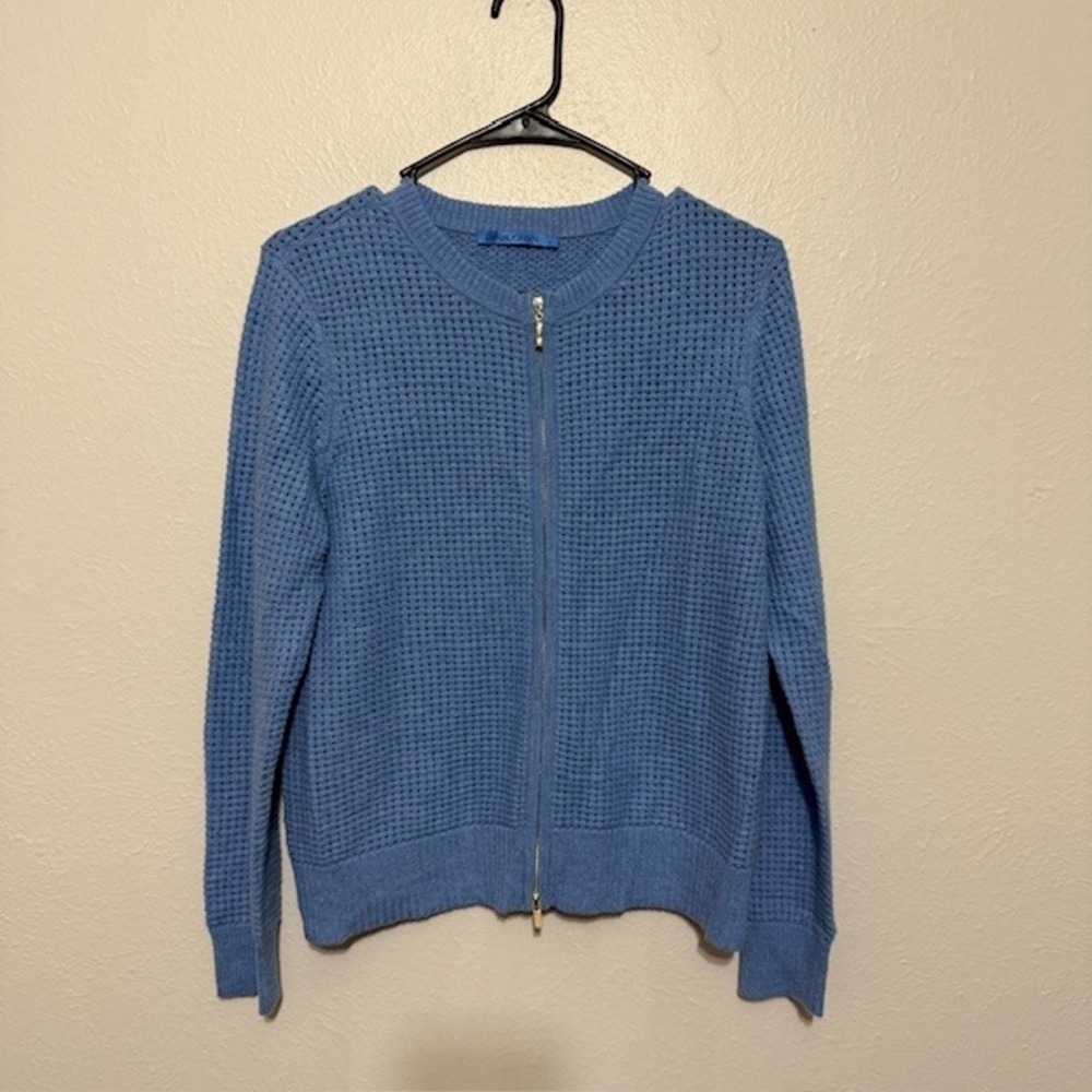 J.McLaughlin 100% Cashmere Blue Waffle Knit Zip Front Cardigan Sweater Medium